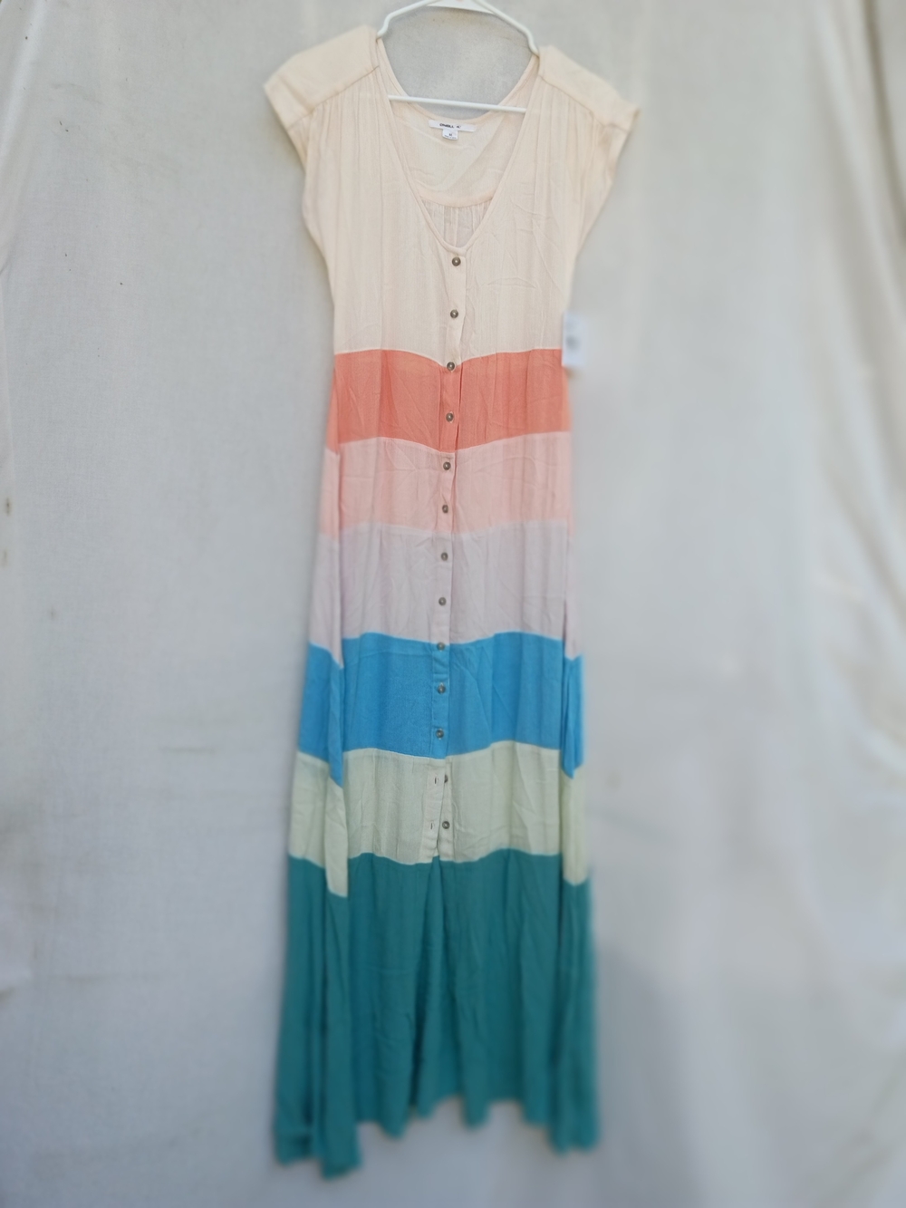 O'Neill Cream, Coral, Light Pink, Blue & Teal Striped Button-Front Maxi Dress